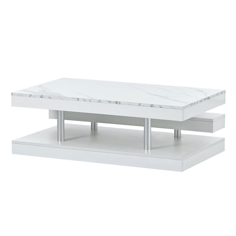 Supfirm Modern 2-Tier Coffee Table with Silver Metal Legs, Rectangle Cocktail Table with High-gloss UV Surface, Minimalist Design Center Table for Living Room, White - Supfirm