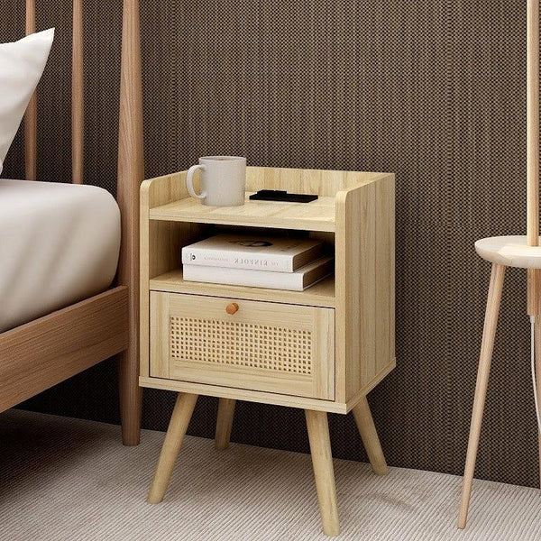 Natural Handmade Rattan Nightstand with 1 AC Outlet, 2 USB Ports, 1 Type C Port, End Table, Side Table Bedside End Accent with Solid Wood Feet - Supfirm