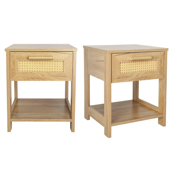 Nightstand Set of 2, 2 Drawer Dresser for Bedroom, Small Dresser with 2 Drawers and two open storage shelf, Bedside Furniture, Night Stand, End Table with rattan Design, Natural Color - Supfirm