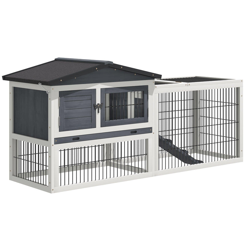 PawHut 2 Levels Outdoor Rabbit Hutch with Openable Top, 59" Wooden Large Rabbit Cage with Run Weatherproof Roof, Removable Tray, Ramp, Pewter Gray - Supfirm