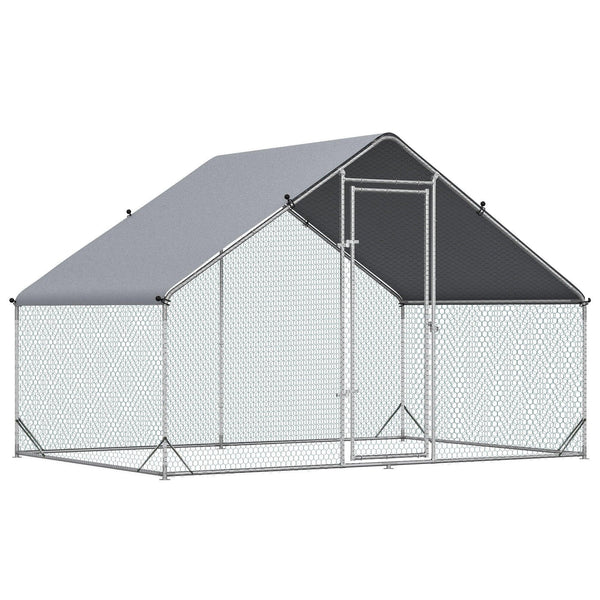 PawHut Metal Chicken Coop Run with Cover, Walk-In Outdoor Poultry Pen for Rabbits, Ducks, Large Hen House for Yard, 10' x 6.5' x 6.5', Silver - Supfirm
