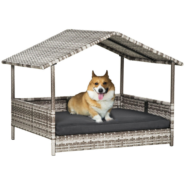 PawHut Wicker Dog House Outdoor with Canopy, Rattan Dog Bed with Water-resistant Cushion, for Small and Medium Dogs, Cream - Supfirm