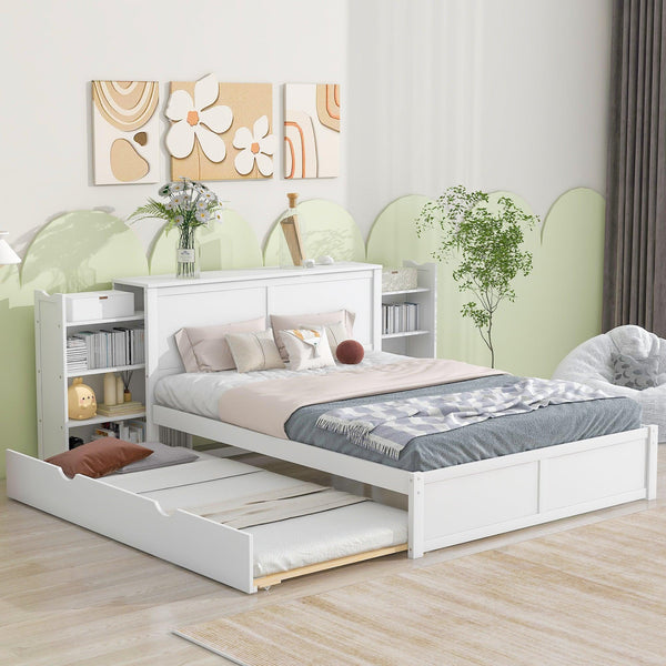 Queen Size Storage Platform Bed with Pull Out Shelves and Twin XL Size Trundle, White - Supfirm