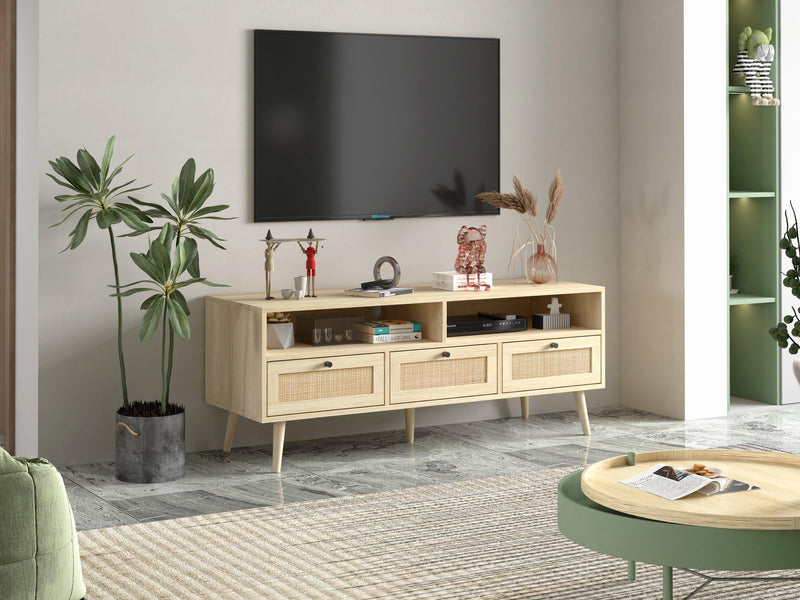 Supfirm Rattan TV Stand with Solid Wood Feet, TV Console Table for Living Room, Natural - Supfirm