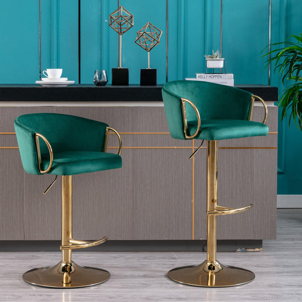 Set of 2 Bar Kitchen Stools Seat, with Chrome Footrest and Base Swivel Height Adjustable Mechanical Lifting Velvet + Golden Leg Simple Bar Stool-Green - Supfirm