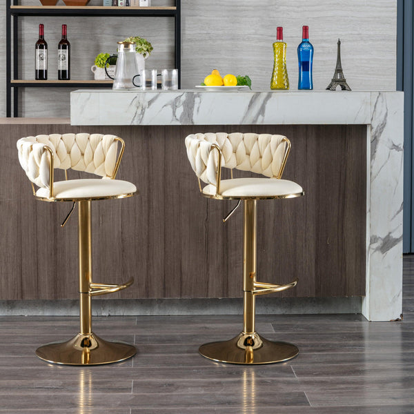 Set of 2 Bar Kitchen Stools Seat,with Chrome Footrest and Base Swivel Height Adjustable Mechanical Lifting Velvet + Golden Leg Simple Bar Stool-Cream - Supfirm