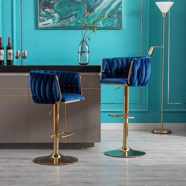 Set of 2 Bar Kitchen Stools Seat,with Chrome Footrest and Base Swivel Height Adjustable Mechanical Lifting Velvet + Golden Leg Simple Bar Stool-Navy - Supfirm