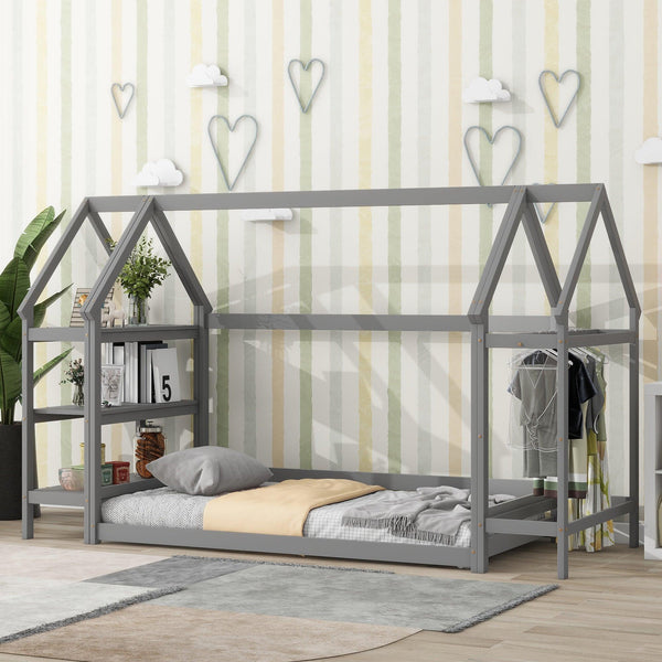 Twin House-Shaped Floor Bed with 2 Detachable Stands,Grey - Supfirm