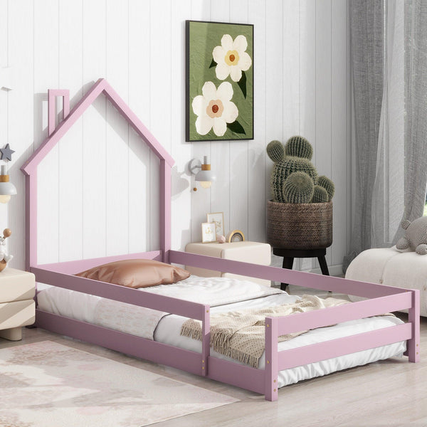 Twin Size Wood bed with House-shaped Headboard Floor bed with Fences,Pink - Supfirm