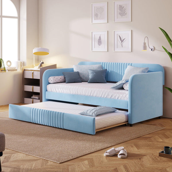 Upholstered Daybed Sofa Bed Twin Size With Trundle Bed and Wood Slat, Light Blue - Supfirm