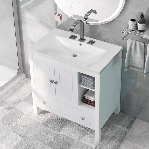 [VIDEO] 30" Bathroom Vanity with Sink, Bathroom Storage Cabinet with Doors and Drawers, Solid Wood Frame, Ceramic Sink, White - Supfirm