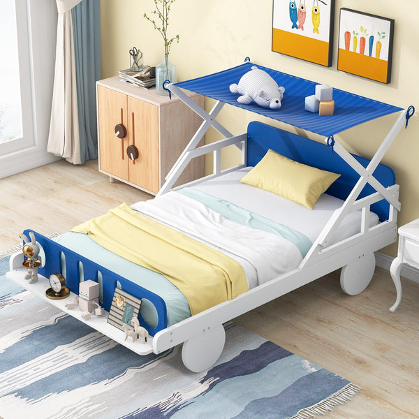 Wood Twin Size Car Bed with Ceiling Cloth, Headboard and Footboard, White+Blue - Supfirm