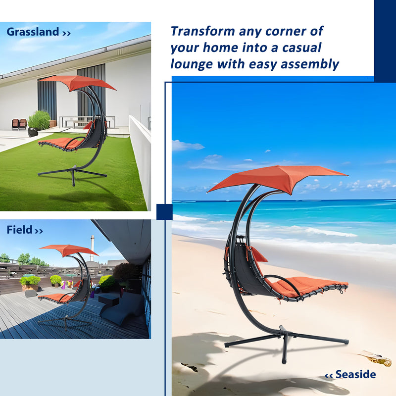 Supfirm Hanging Chaise Lounger with Removable Canopy, Outdoor Swing Chair with Built-in Pillow, Hanging Curved Chaise Lounge Chair Swing for Patio Porch Poolside, Hammock Chair with Stand (Orange)
