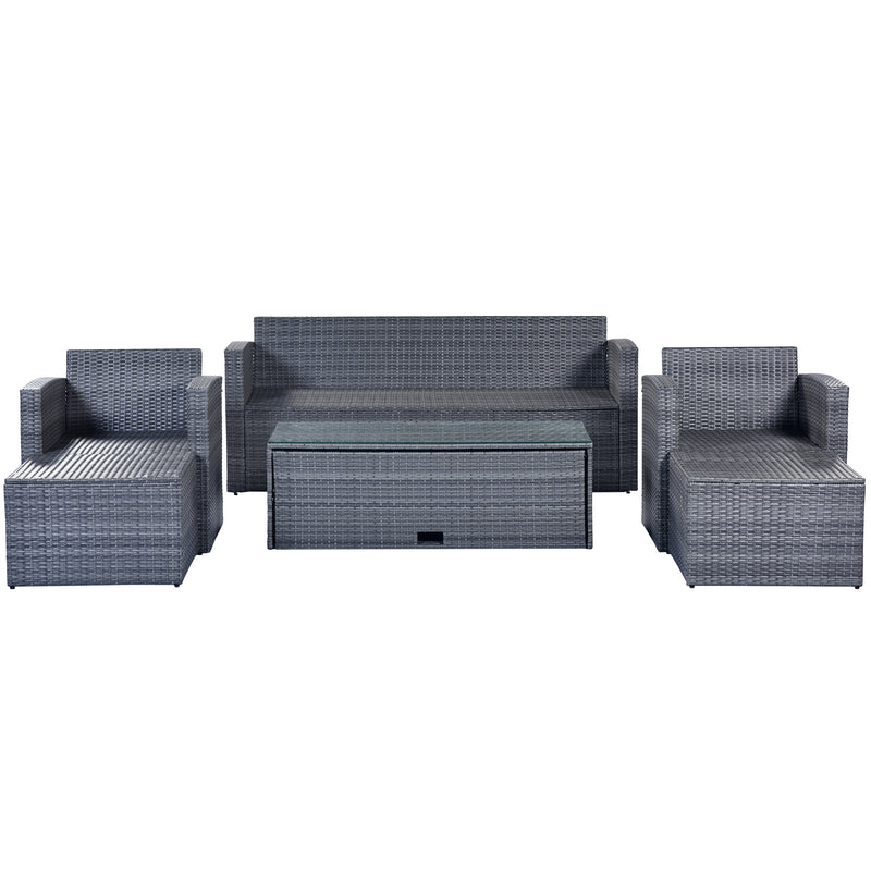 Supfirm GO 6-piece All-Weather Wicker PE rattan Patio Outdoor Dining Conversation Sectional Set with coffee table, wicker sofas, ottomans,  removable cushions (Dark grey wicker, Light grey cushion)