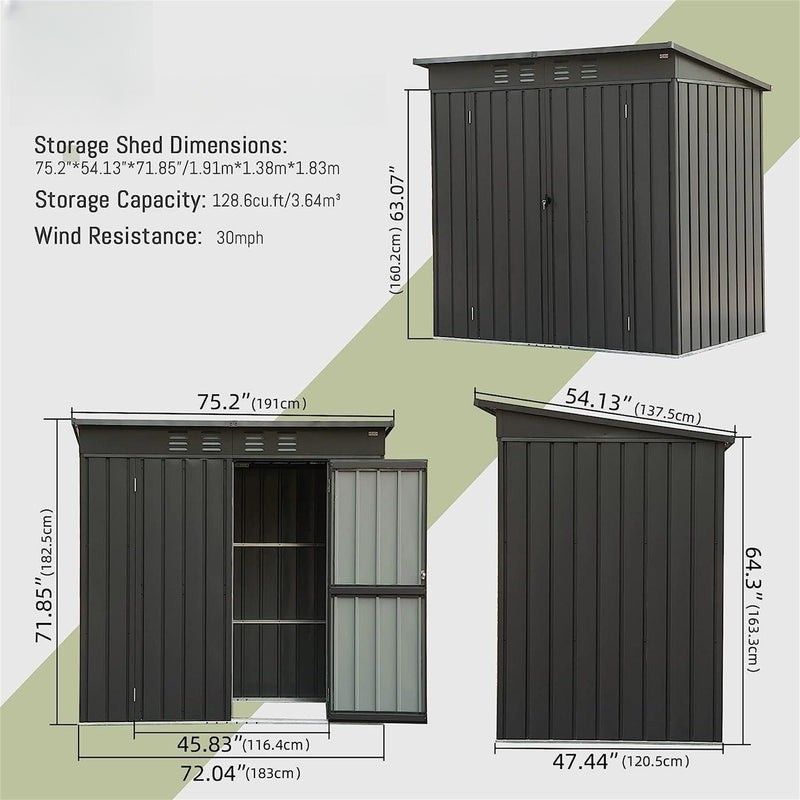 Supfirm Backyard Storage Shed with Sloping Roof Galvanized Steel Frame Outdoor Garden Shed Metal Utility Tool Storage Room with Latches and Lockable Door (6x4ft, Black)