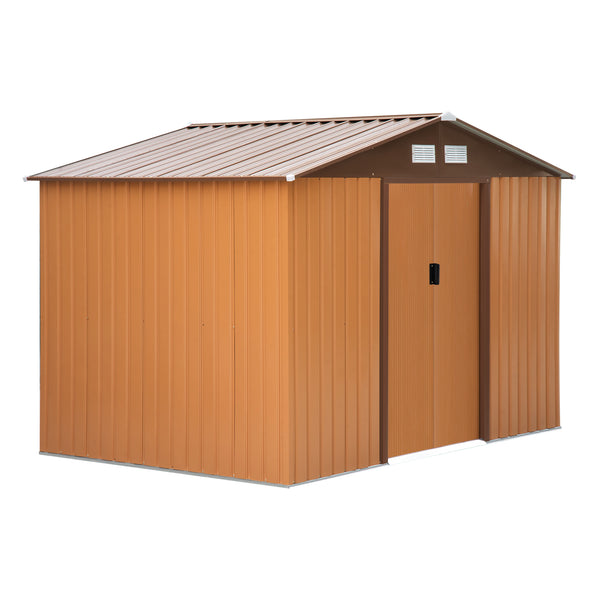 Supfirm 9' x 6' Outdoor Storage Shed, Garden Tool House with Foundation, 4 Vents, and 2 Easy Sliding Doors for Backyard, Patio, Garage, Lawn, Yellow
