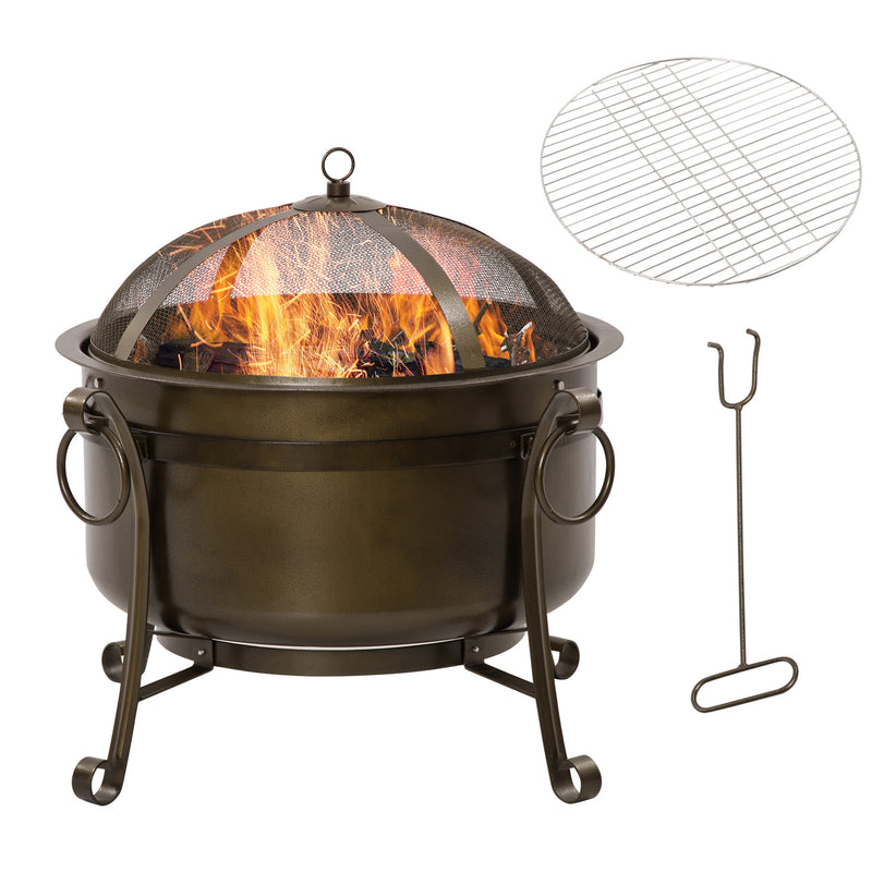 Supfirm 30" Outdoor Fire Pit Grill, Portable Steel Wood Burning Bowl, Cooking Grate, Poker, Spark Screen Lid for Patio, Backyard, BBQ, Camping, Bronze Colored