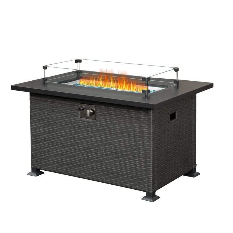 Supfirm Fire Pit Table 43.3 Inch with Glass Wind Guard, 50,000 BTU Smokeless Fire Pits for Outside,Outdoor Wicker Gas Fire Pits for Patio (Dark Gray)