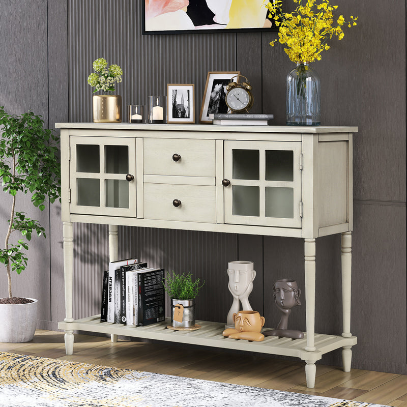 Supfirm TREXM Sideboard Console Table with Bottom Shelf, Farmhouse Wood/Glass Buffet Storage Cabinet Living Room (Antique Grey)