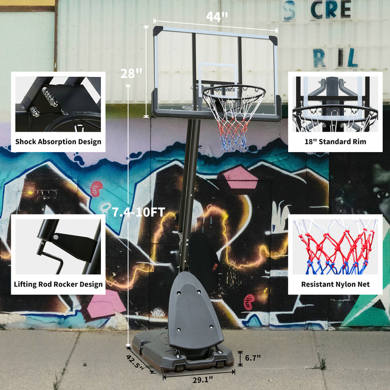 Supfirm Use for Outdoor Height Adjustable 7.5 to 10ft Basketball Hoop 44 Inch Backboard Portable Basketball Goal System with Stable Base and Wheels