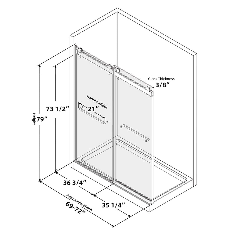Supfirm Frameless Double Sliding Shower, 69" - 72" Width, 79" Height, 3/8" (10 mm) Clear Tempered Glass, , Designed for Smooth Door with Clear Tempered Glass and Stainless Steel Hardware Brushed Nickel