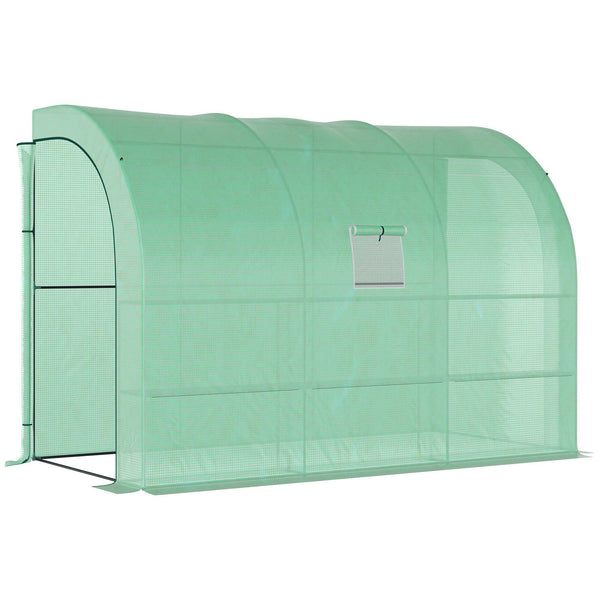 Supfirm 10' x 5' x 7' Lean to Greenhouse, Walk-In Green House, Plant Nursery with 2 Roll-up Doors and Windows, PE Cover and 3 Wire Shelves, Green