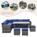 Supfirm Outdoor Patio Furniture Set,7 Pieces Outdoor Sectional Conversation Sofa with Dining Table,Chairs and Ottomans,All Weather PE Rattan and Steel Frame,With Backrest and Removable Cushions(Grey+Blue)