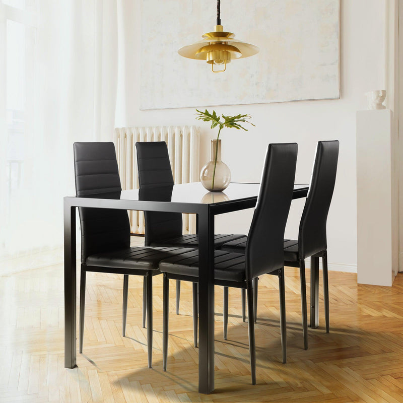 5 Pieces Dining Table Set for 4,Kitchen Room Tempered Glass Dining Table ,4 Faux Leather Chairs ,Black - Supfirm