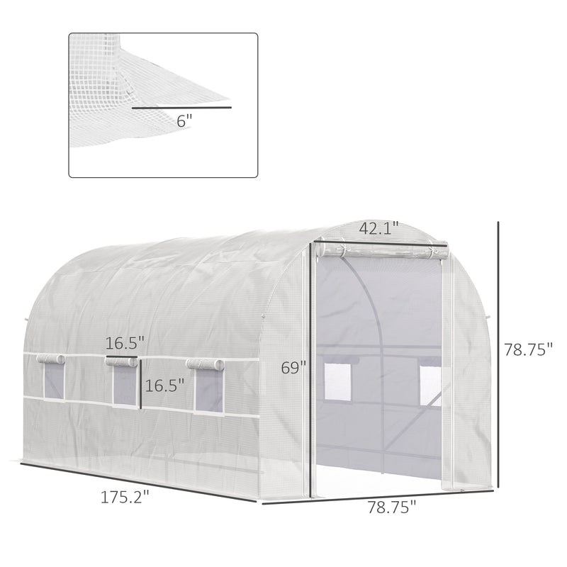 Supfirm 15' x 7' x 7' Walk-In Tunnel Greenhouse, Large Garden Hot House Kit with 6 Roll-up Windows & Roll Up Door, Steel Frame, White