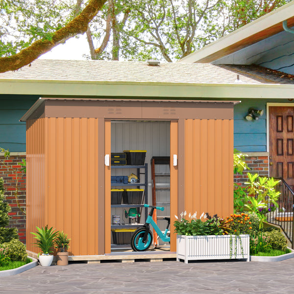 Supfirm 4.2 x 9.1 Ft Outdoor Storage Shed, Metal Tool Shed with Lockable Doors Vents, Utility Garden Shed for Patio Lawn Backyard,Brown
