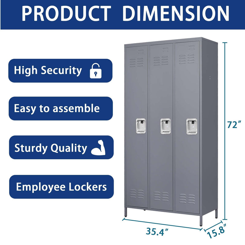Supfirm 3 Door 72"H Metal Lockers With Lock for Employees,Storage Locker Cabinet  for Home Gym Office School Garage,Gray