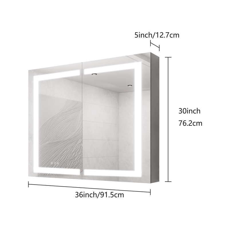 36 x 30 inch Medicine Cabinet with LED Vanity Mirror, Anti-Fog, Recessed or Surface Mount, Waterproof, Dimmable, Aluminum 3000K~6000K Lighted Double Door Bathroom Cabinet with Touch Switch - Supfirm