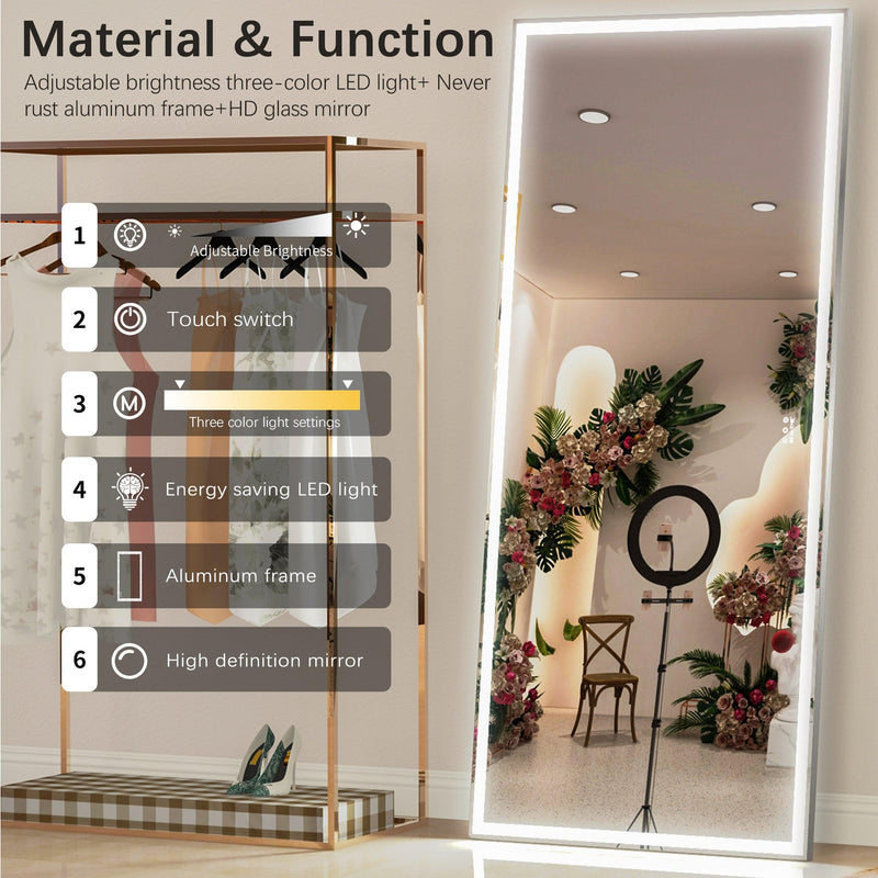 Supfirm 72X32 inch Oversized LED Bathroom Mirror Wall Mounted Mirror with 3 Color Modes Aluminum Frame Wall Mirror Large Full Length Mirror with Lights Lighted Full Body Mirror for Bedroom Living Room, Silver - Supfirm