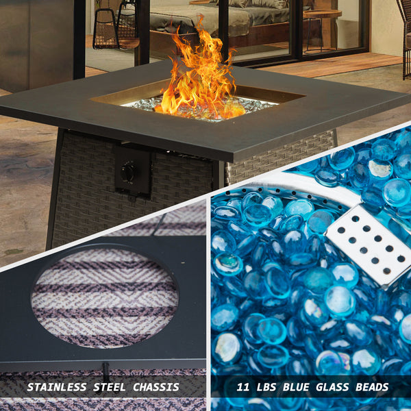 Supfirm 32 Inch Propane Fire Pits Table with Blue Glass Ball,50,000 BTU Outdoor Wicker Fire Table with ETL-Certified,2-in-1 Square Steel Gas Firepits (Dark Gray)
