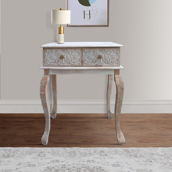 Supfirm 2 Drawer Mango Wood Console Table with Floral Carved Front, Brown and White
