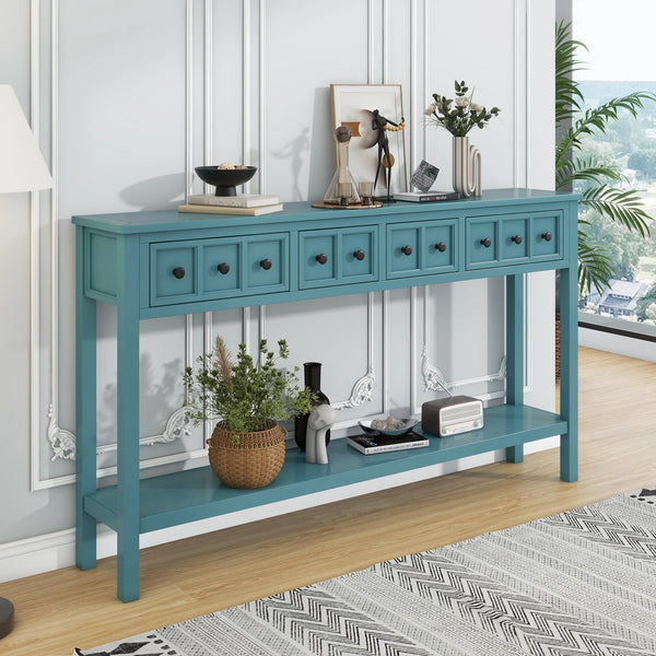 Supfirm TREXM Rustic Entryway Console Table, 60" Long Sofa Table with two Different Size Drawers and Bottom Shelf for Storage (Turquoise Green)