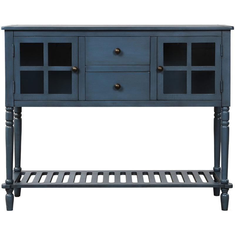 Supfirm TREXM Sideboard Console Table with Bottom Shelf, Farmhouse Wood/Glass Buffet Storage Cabinet Living Room (Antique Navy)