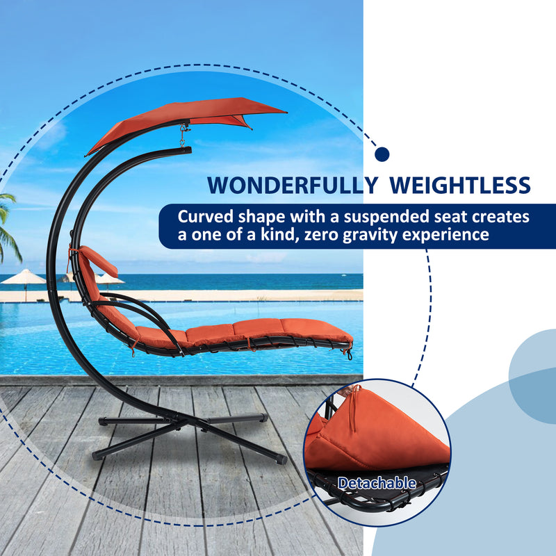Supfirm Hanging Chaise Lounger with Removable Canopy, Outdoor Swing Chair with Built-in Pillow, Hanging Curved Chaise Lounge Chair Swing for Patio Porch Poolside, Hammock Chair with Stand (Orange)