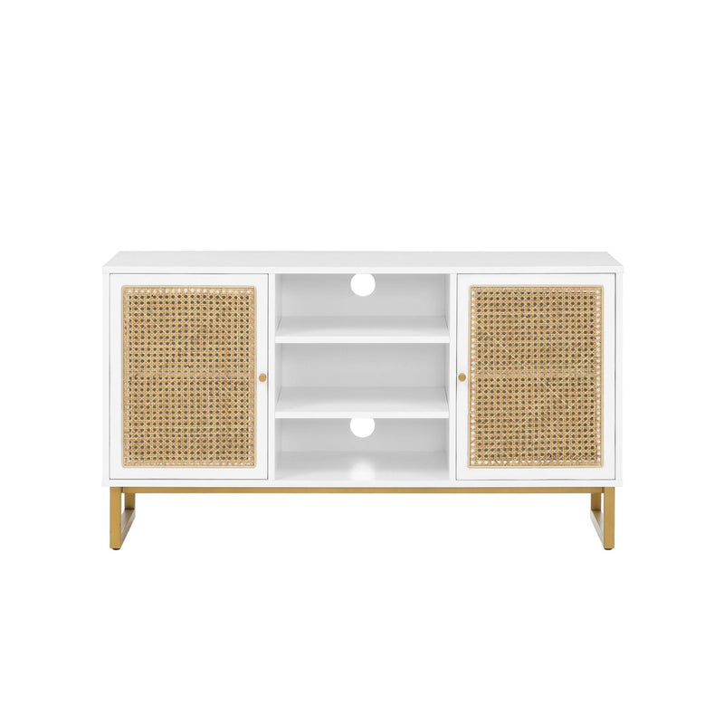 47 Inch Mid Century Modern White TV Stand with Adjustable Shelf, Rattan Sideboard, Entertainment Cabinet, Media Console for Living Room Bedroom Media Room, White Wood Finish & Metal Legs - Supfirm