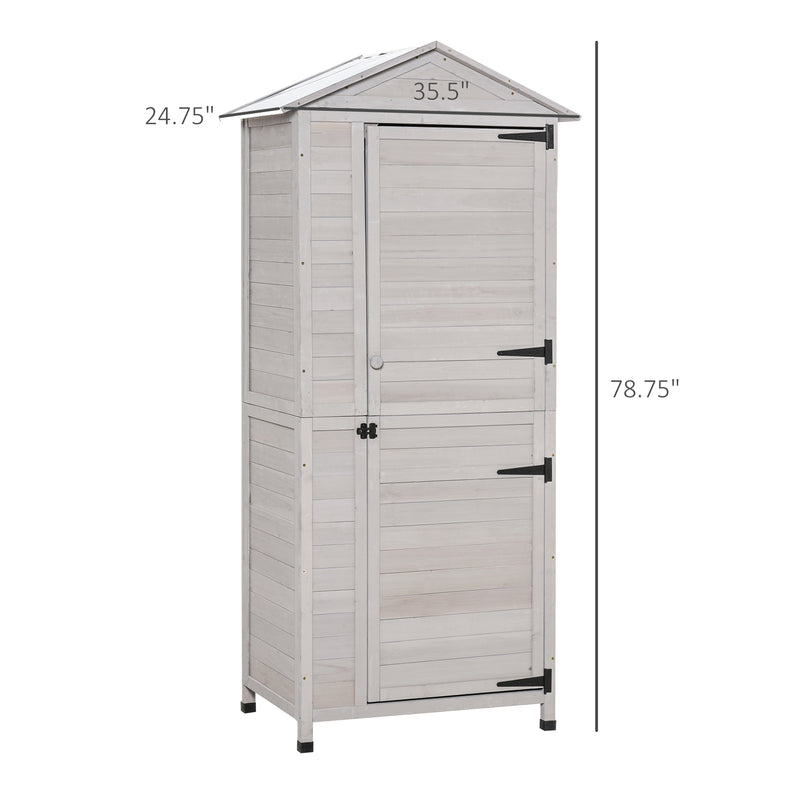 Supfirm 36" x 25" x 79" Wooden Storage Shed Cabinet, Outdoor Tool Shed Organizer with 4-Tier, 3 Shelves with Handle Tin Roof Magnetic Latch Foot Pad, Light Grey