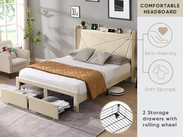 Full Size Bed Frame with 2 Storage Drawers, Upholstered Bed Frame with Wingback Headboard Storage Shelf Built-in USB Charging Stations and Strong Wood Slats Support, No Box Spring Needed, Beige - Supfirm