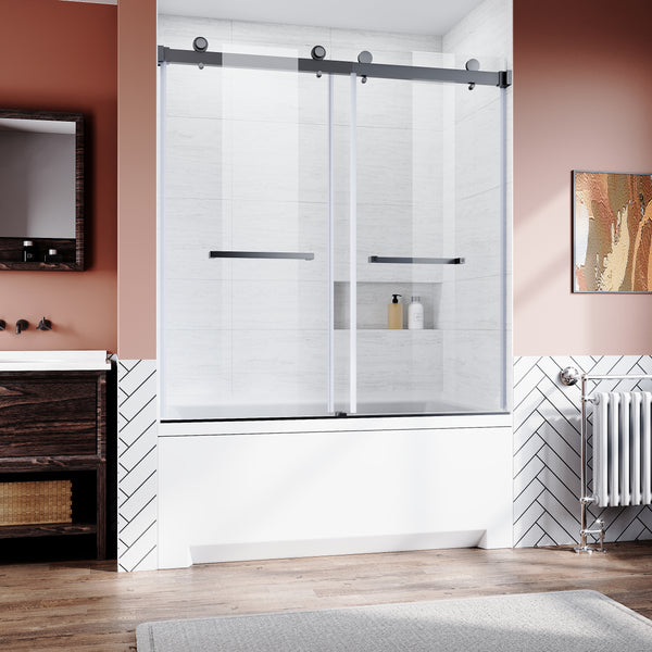Supfirm Frameless Sliding Bathtub Door 56-60 in.W x 62 in.H,Bypass Tub Glass Sliding Shower Doors,3/8"(10mm) Thick Clear Tempered Glass,Heavy Duty Stainless Steel Hardwares,2pcs Rectangle Handles,Matte Black.