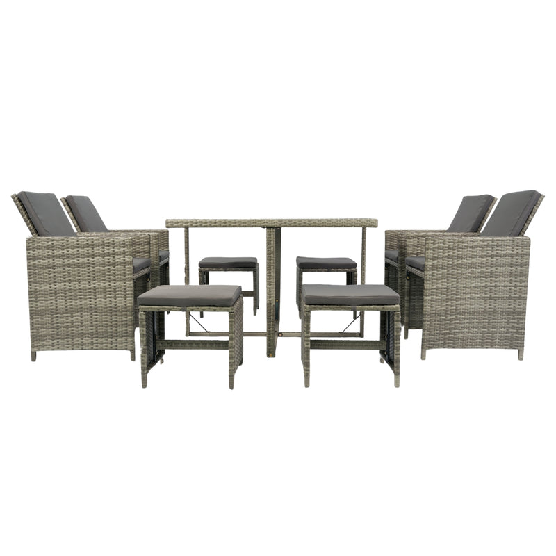 Supfirm 9 Pieces Patio Dining Sets Outdoor Space Saving Rattan Chairs with Glass Table Patio Furniture Sets Cushioned Seating and Back Sectional Conversation Set Grey Wicker + Grey Cushion