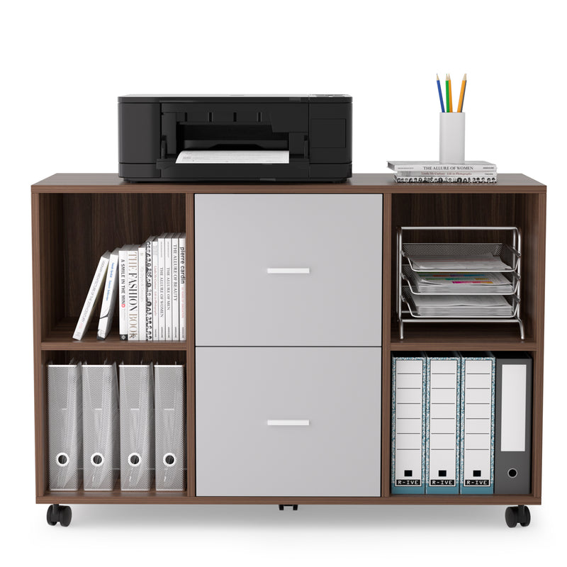 Supfirm Mobile lateral filing cabinet with 2 drawers and 4 open storage cabinets, for home office, walnut-light gray