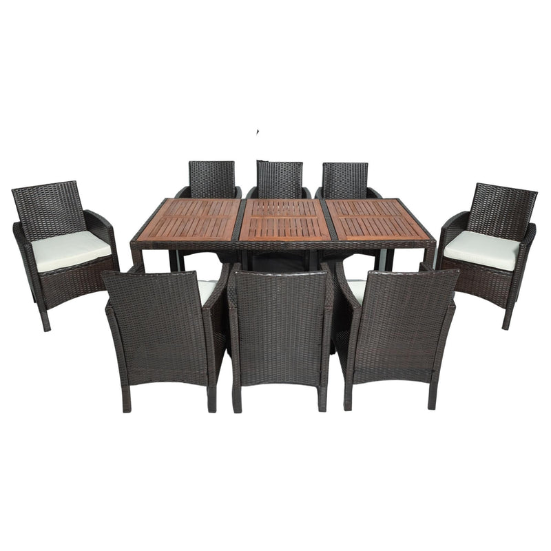 Supfirm 9 Piece Outdoor Patio Wicker Dining Set Patio Wicker Furniture Dining Set With Acacia Wood Top Brown Wicker + Crème Cushion