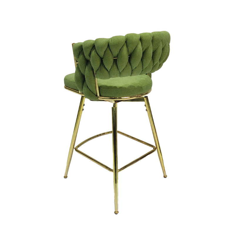 Bar Chair Linen Woven Bar Stool Set of 2,Golden legs Barstools No Adjustable Kitchen Island Seat Chairs,360 Swivel Bar Stools Upholstered Bar Chair Counter Stool Arm Chairs with Back Footrest, (Green) - Supfirm