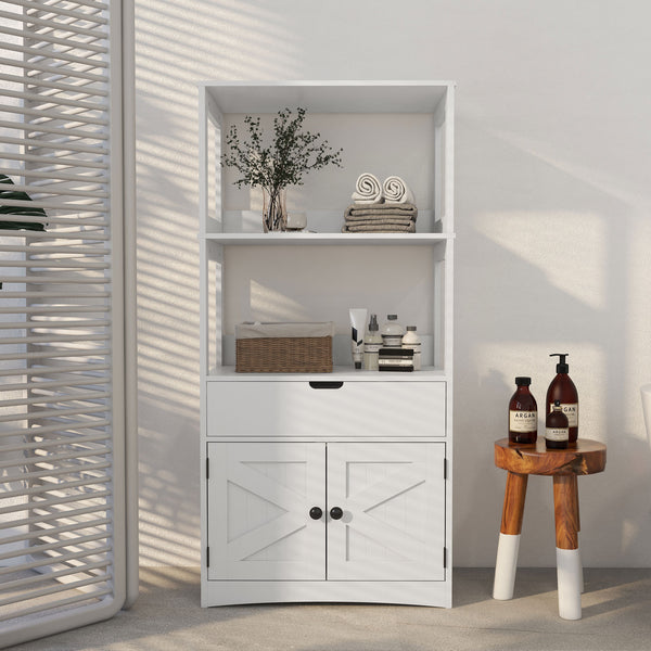 Supfirm kleankin Farmhouse Bathroom Floor Cabinet, Linen Cabinet, Bathroom Storage Organizer with Doors and Drawer, White