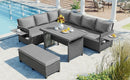 Supfirm TOMAX 5-Piece Outdoor Patio Rattan Sofa Set, Sectional PE Wicker L-Shaped Garden Furniture Set with 2 Extendable Side Tables, Dining Table and Washable Covers for Backyard, Poolside, Indoor, Gray