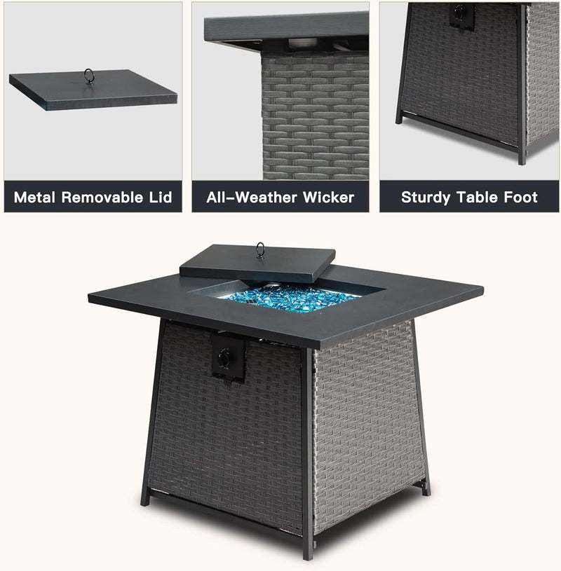 Supfirm 28 Inch Propane Fire Pits Table with Blue Glass Ball,50,000 BTU Outdoor Wicker Fire Table with ETL-Certified,2-in-1 Square Steel Gas Firepits (Dark Gray)