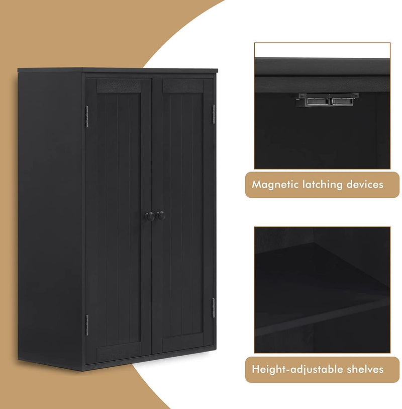 Supfirm Bathroom Storage Cabinet Freestanding Wooden Floor Cabinet with Adjustable Shelf and Double Door Black